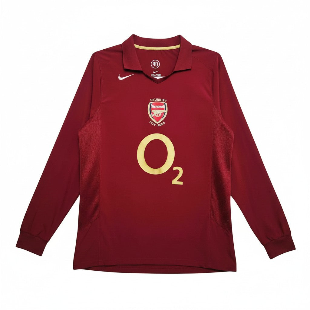 Elite Retro Kits Arsenal 2005/06 long sleeve home shirt in redcurrant with gold O2 sponsor and Highbury crest.