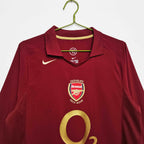 Elite Retro Kits Arsenal 2005/06 long sleeve home shirt in redcurrant with gold accents and Highbury commemorative crest.
