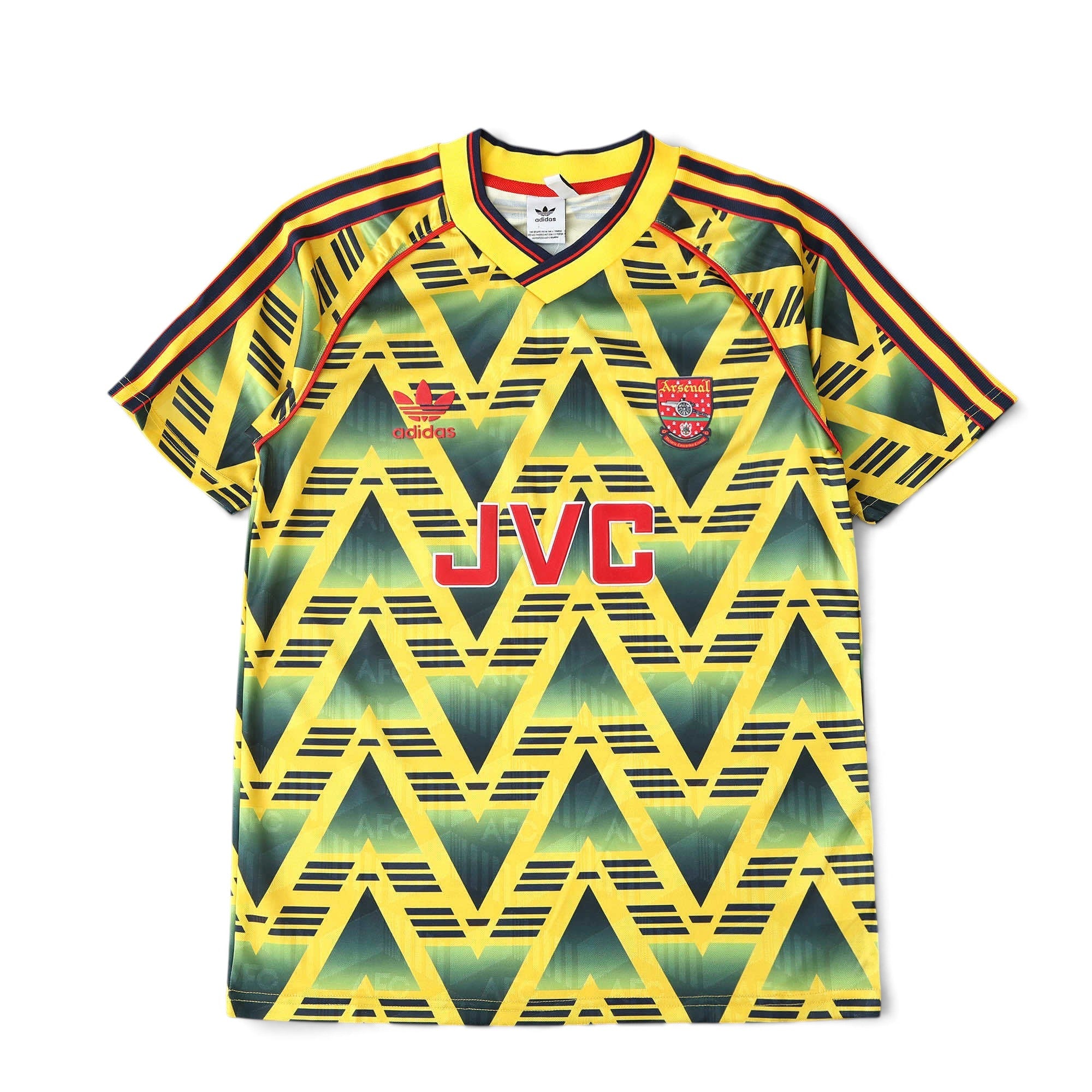 Elite Retro Kits Arsenal 1991-93 Bruised Banana away football shirt in yellow with navy jagged pattern and JVC logo