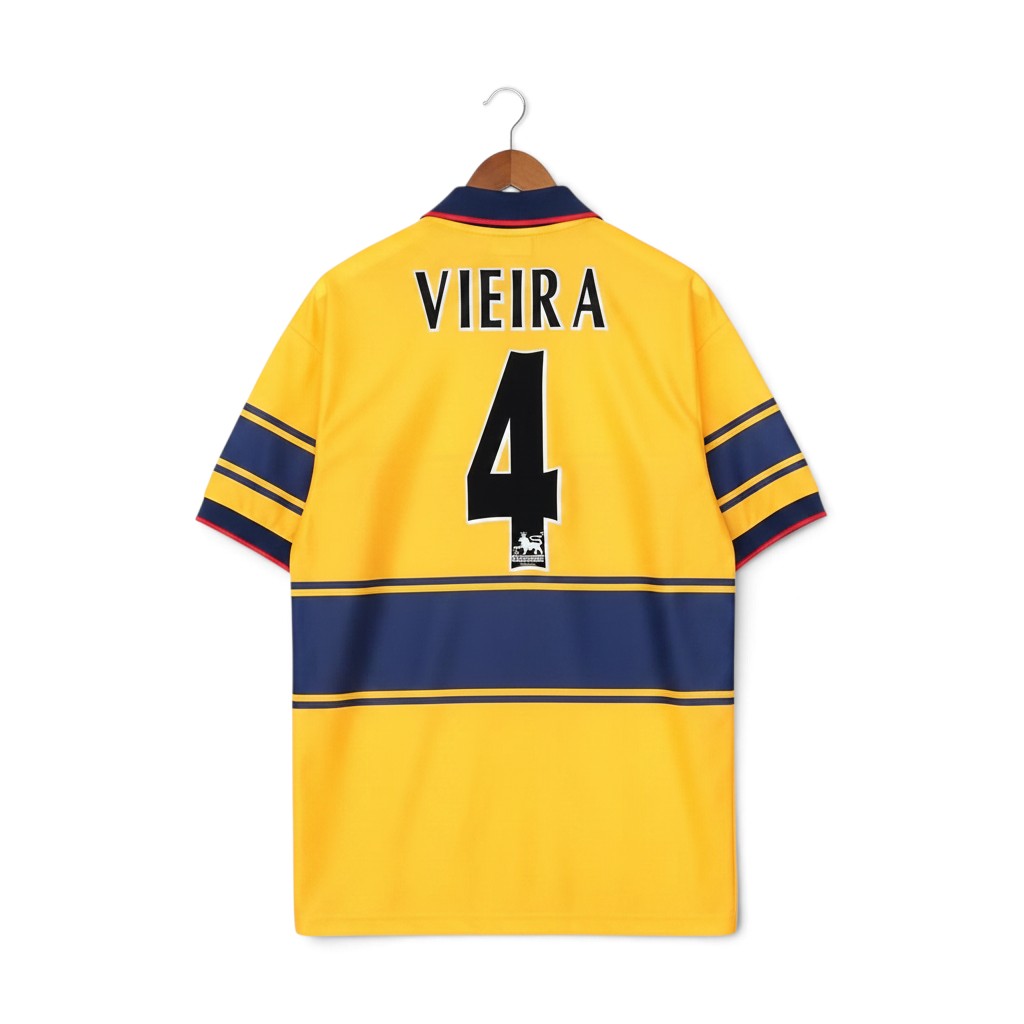 Elite Retro Kits Arsenal 1997/98 away shirt in yellow with blue stripes, featuring Vieira 4 on the back.