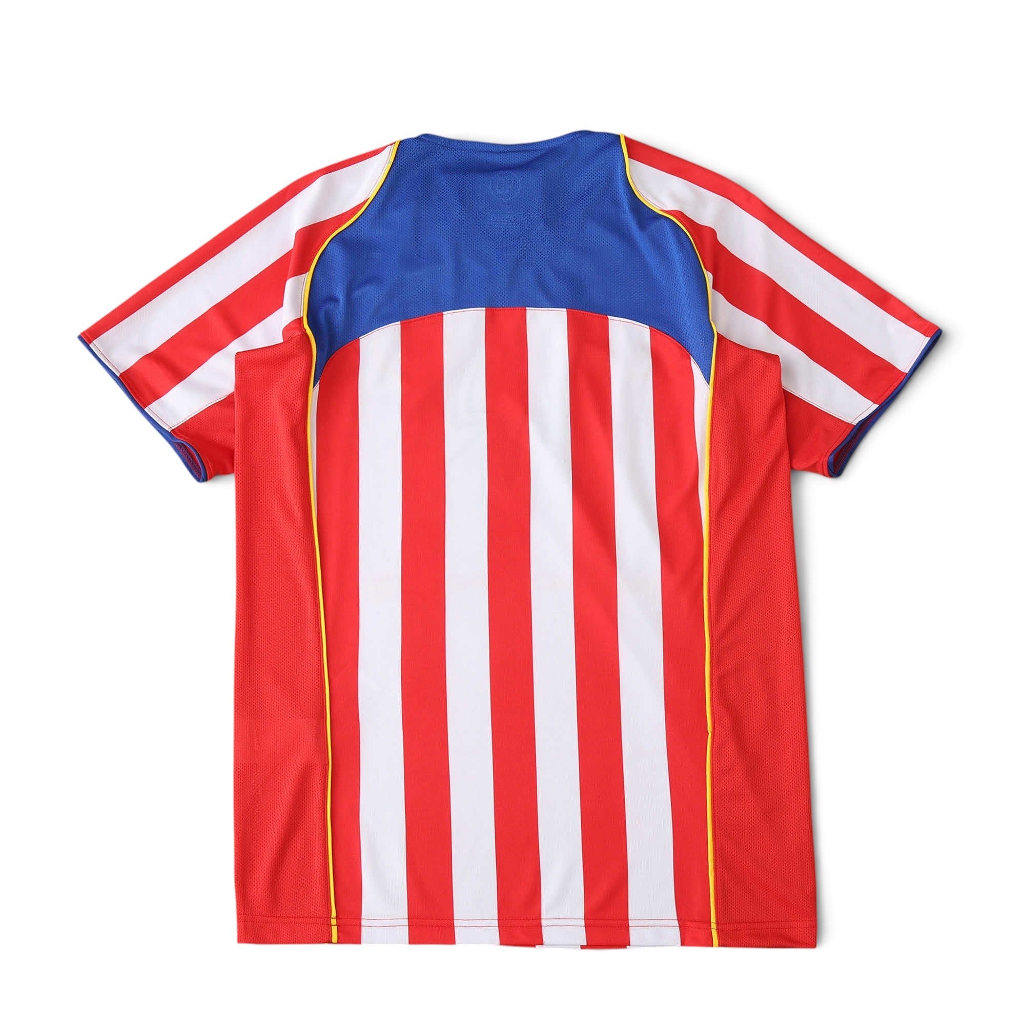 Back view of Elite Retro Kits Atletico Madrid 2004 home football shirt with red and white stripes and blue panel.