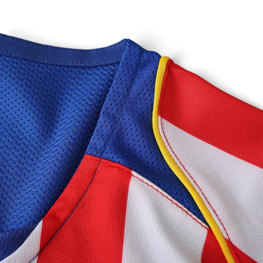 Elite Retro Kits Atletico Madrid 2004 home shirt featuring red and white stripes with blue mesh collar detail