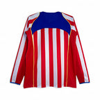 Elite Retro Kits Atletico Madrid 2004 home football shirt, long sleeve, red and white stripes with blue back panel.