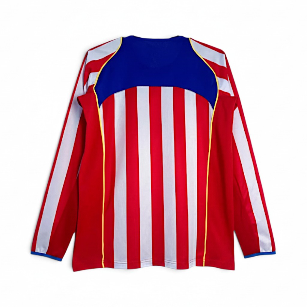 Elite Retro Kits Atletico Madrid 2004 home football shirt, long sleeve, red and white stripes with blue back panel.