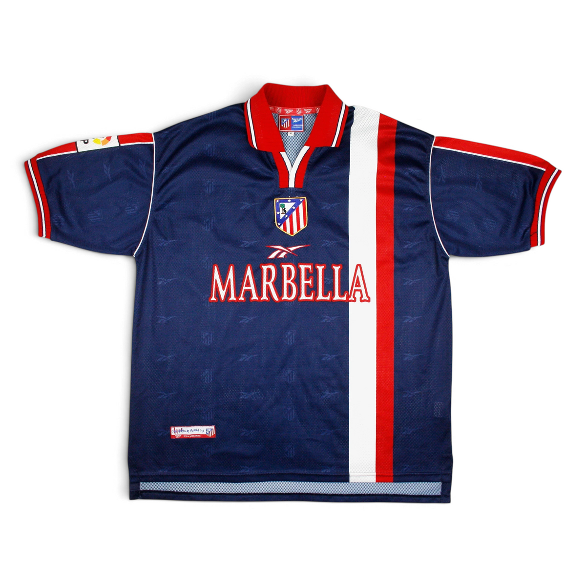 Elite Retro Kits Atletico Madrid 1998/99 away football shirt in dark blue with red and white vertical stripe detail.