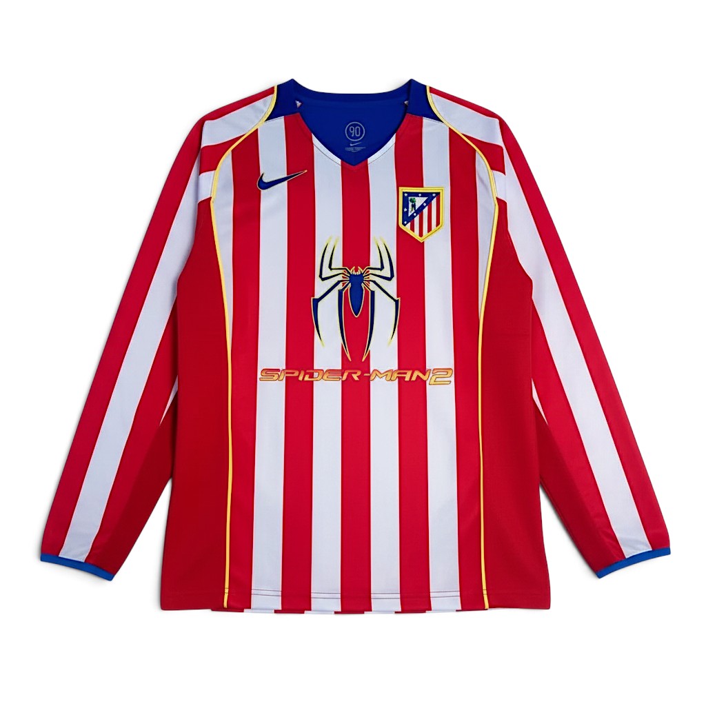 Elite Retro Kits Atletico Madrid 2004 long sleeve home football shirt with red and white stripes and Spiderman 2 logo