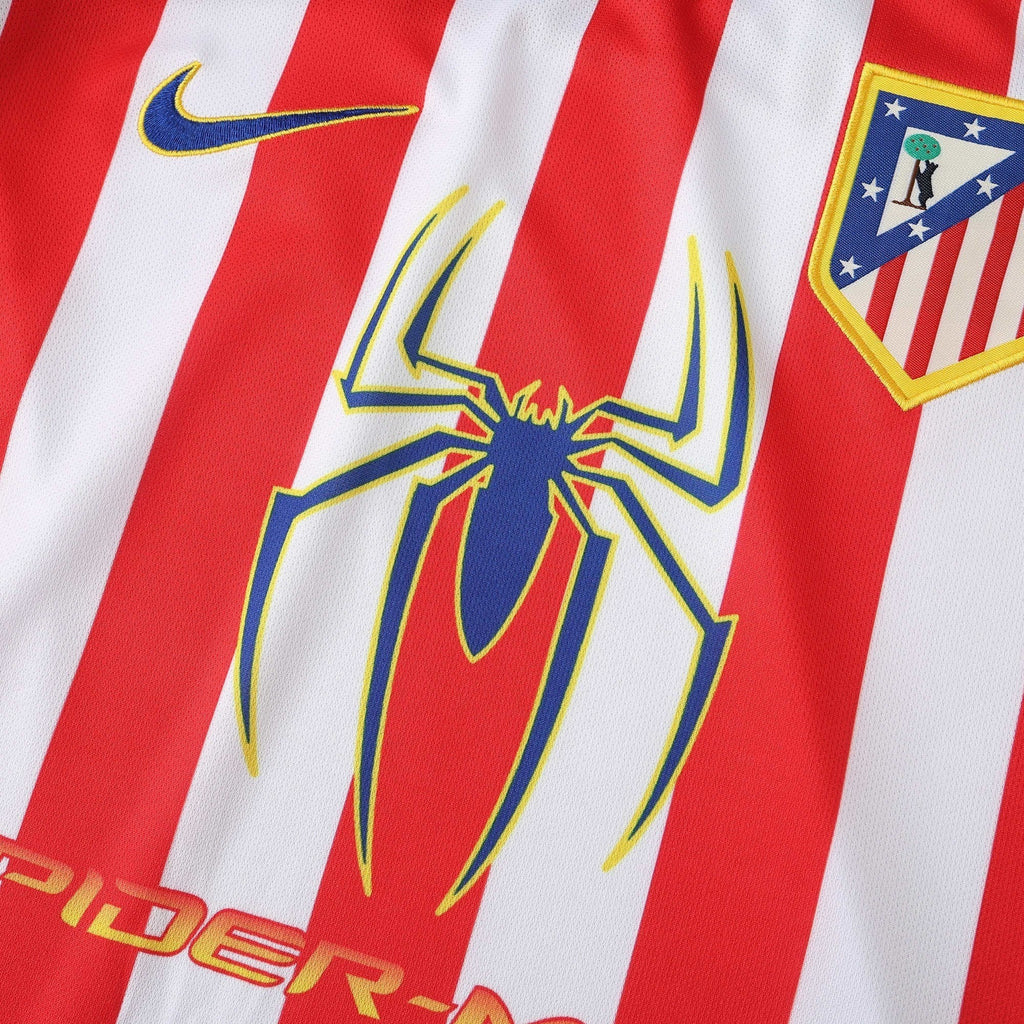 Elite Retro Kits Atletico Madrid 2004 home shirt featuring red and white stripes and Spiderman 2 chest logo detail