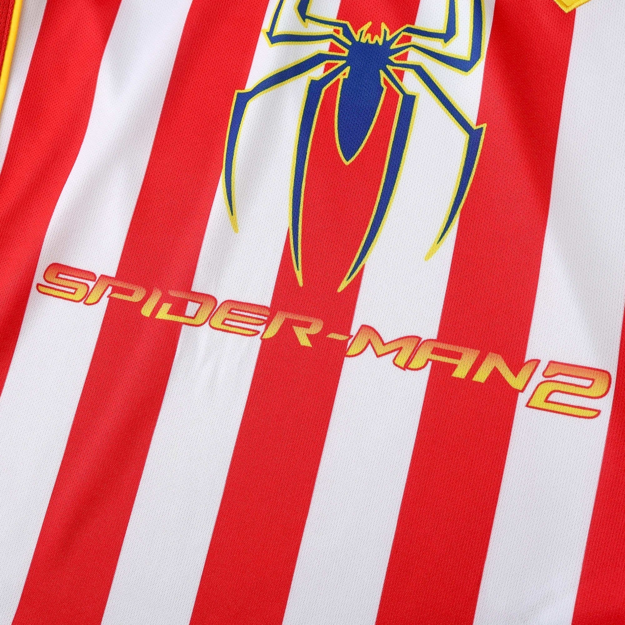 Elite Retro Kits Atletico Madrid 2004 home shirt featuring red and white stripes and the Spider-Man 2 chest logo.