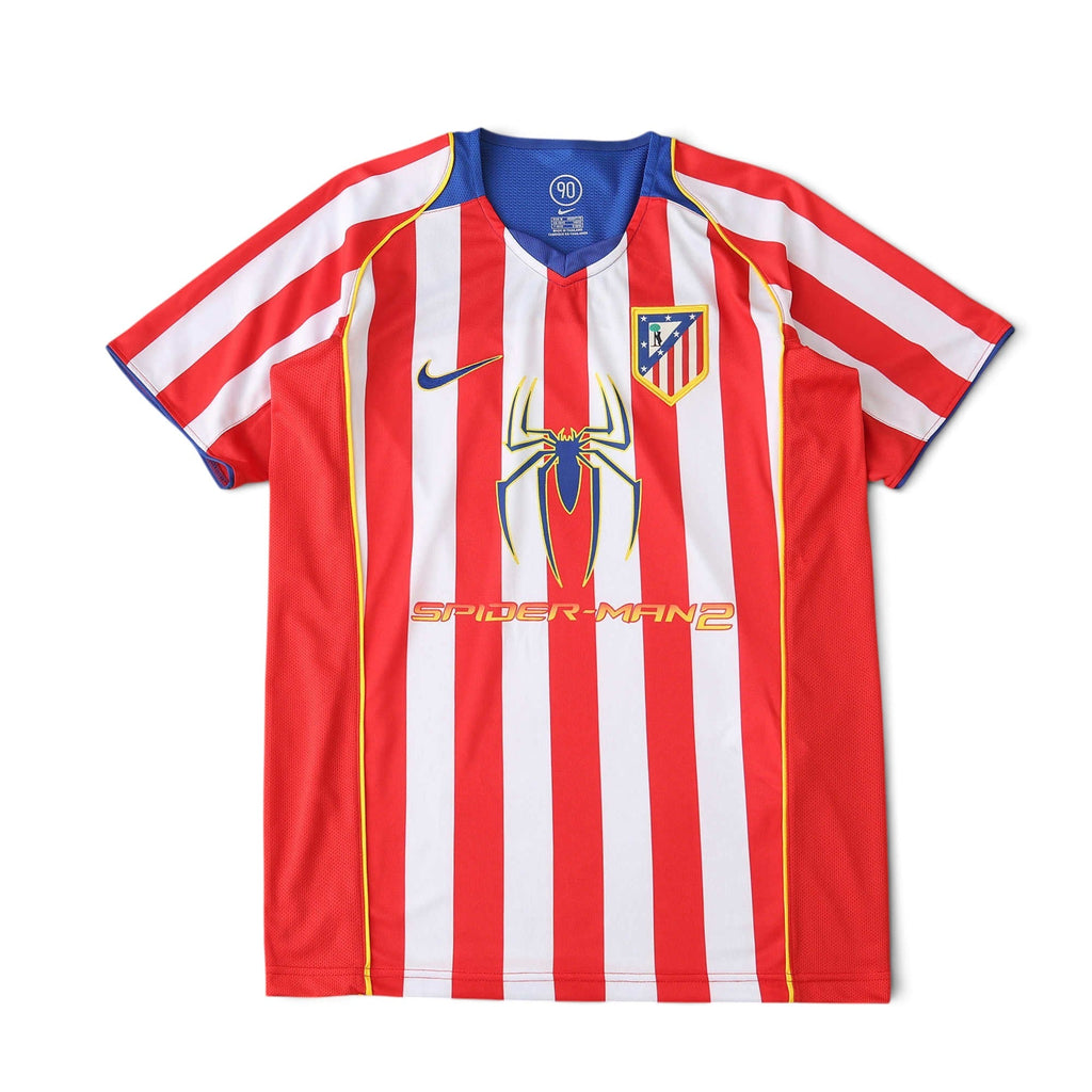 Elite Retro Kits Atletico Madrid 2004 home football shirt with red and white stripes and Spider-Man 2 chest logo.
