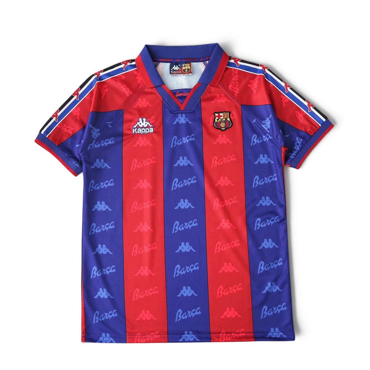 Elite Retro Kits Barcelona 1996/97 home shirt featuring blue and maroon stripes with a patterned Kappa logo collar.