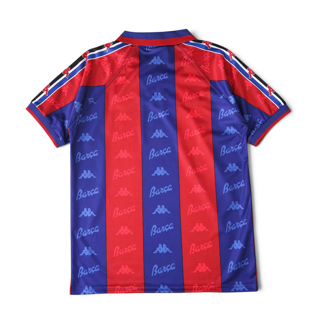Elite Retro Kits 1996/97 Barcelona home shirt featuring blue and maroon stripes with repeating Barca logo pattern