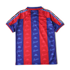 Elite Retro Kits 1996/97 Barcelona home shirt featuring blue and maroon stripes with repeating Barca logo pattern