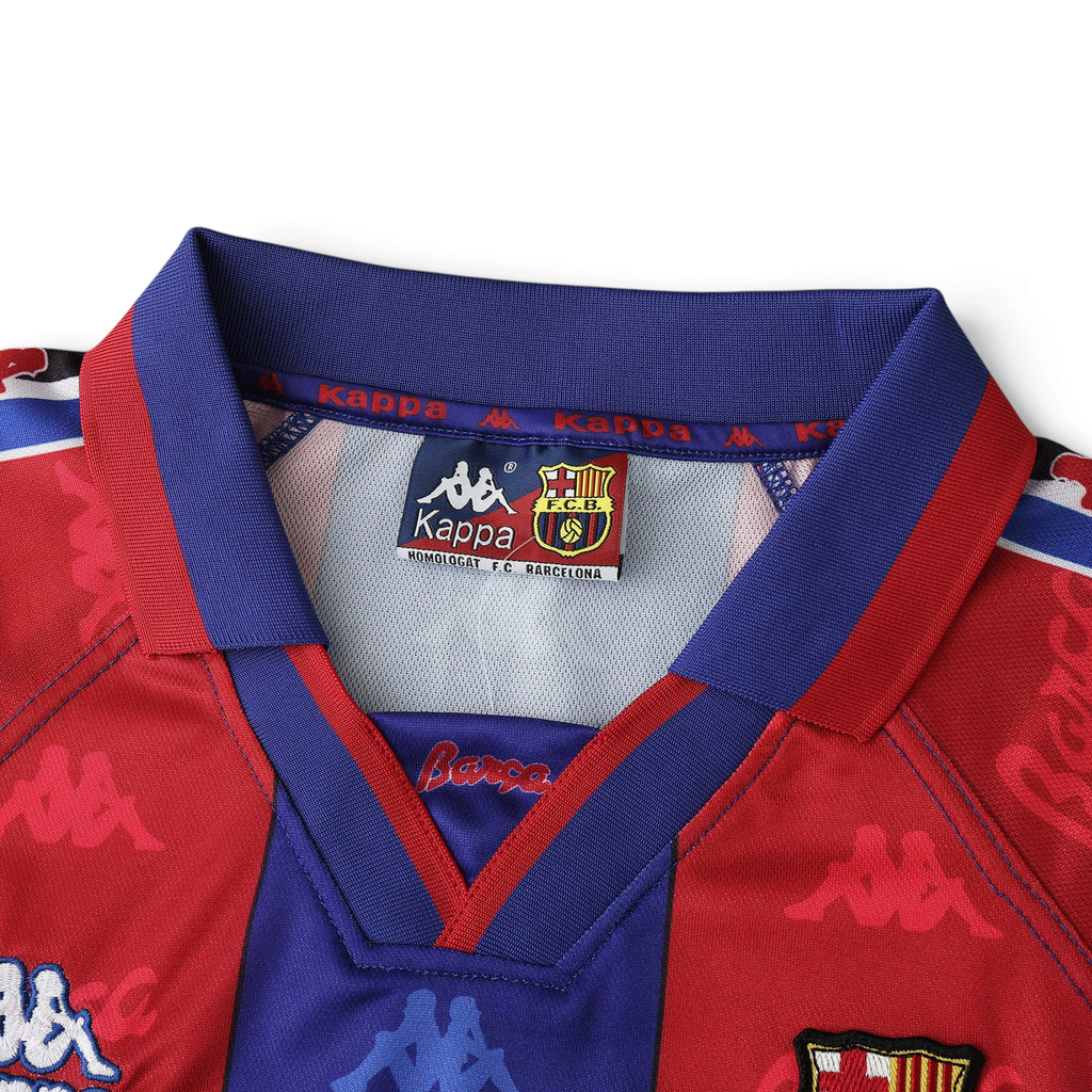 Elite Retro Kits Barcelona 1996/97 home football shirt featuring blue and maroon stripes and a classic Kappa collar