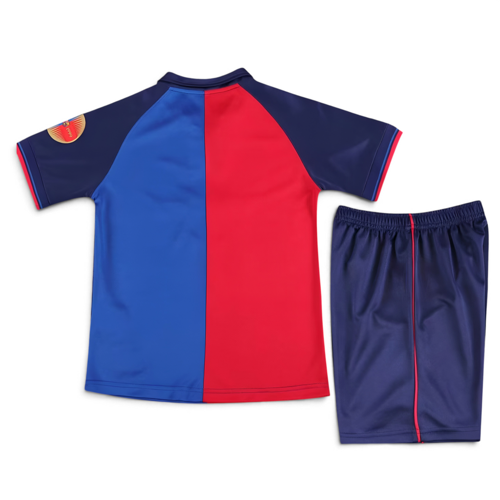 Elite Retro Kits Barcelona 1999/00 centenary kids home kit featuring a blue and maroon half-and-half jersey and shorts