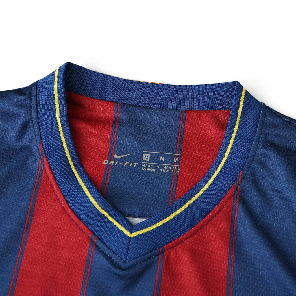 Elite Retro Kits Barcelona 2009/10 home shirt featuring blue and maroon stripes with a yellow-trimmed V-neck collar.