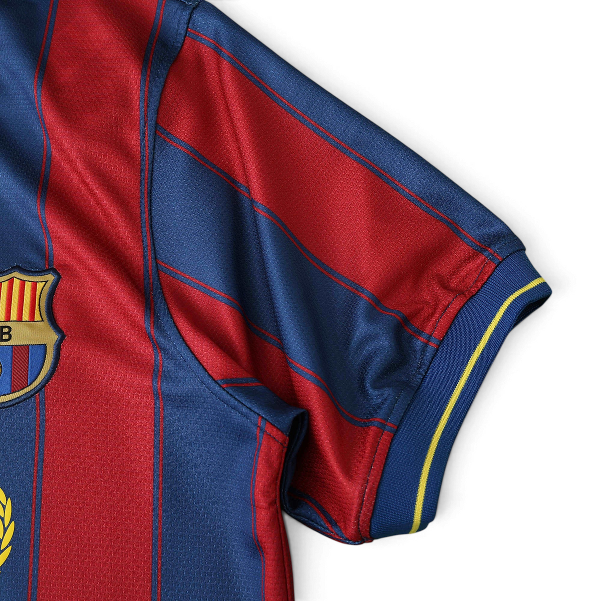 Elite Retro Kits Barcelona 2009/10 home shirt featuring blue and maroon stripes with yellow trim on the sleeve cuff.