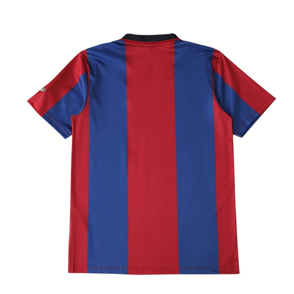 Back view of the Elite Retro Kits Barcelona 1998/00 away football shirt featuring blue and maroon vertical stripes.