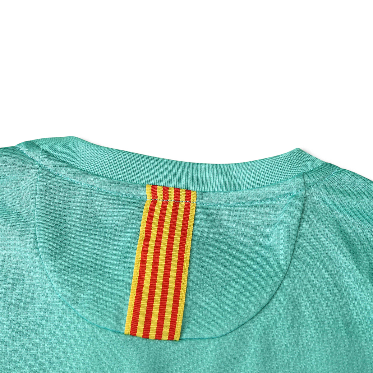 Elite Retro Kits Barcelona 2010/11 away shirt featuring a turquoise fabric and a yellow and red Senyera neck detail.
