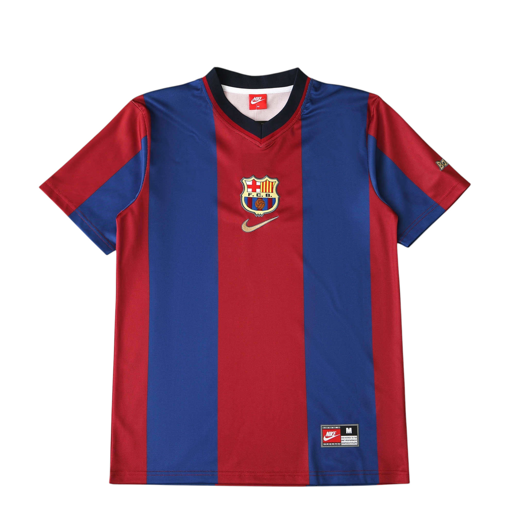 Elite Retro Kits Barcelona 1998-00 away football shirt in classic blue and maroon vertical stripes with Nike branding.