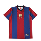 Elite Retro Kits Barcelona 1998-00 away football shirt in classic blue and maroon vertical stripes with Nike branding.
