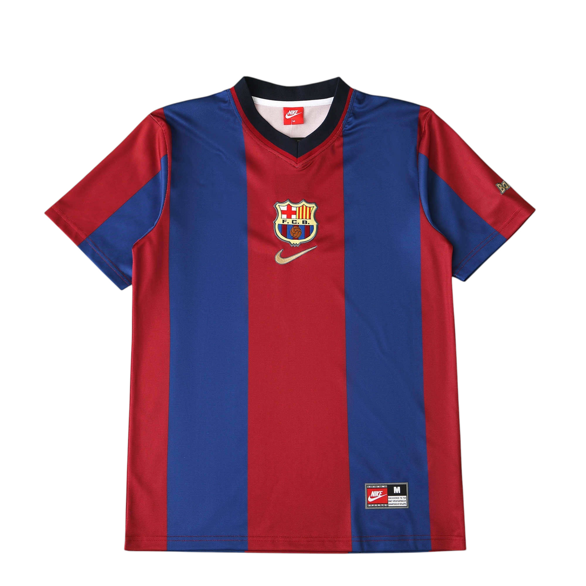 Elite Retro Kits Barcelona 1998-00 away football shirt in classic blue and maroon vertical stripes with Nike branding.