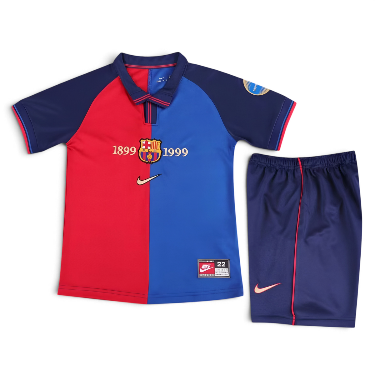 Elite Retro Kits Barcelona 1999/00 centenary kids home kit featuring a blue and maroon half-and-half shirt and shorts.