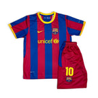 Elite Retro Kits Barcelona 2010/11 kids home kit featuring the iconic blue and red striped jersey and matching shorts.