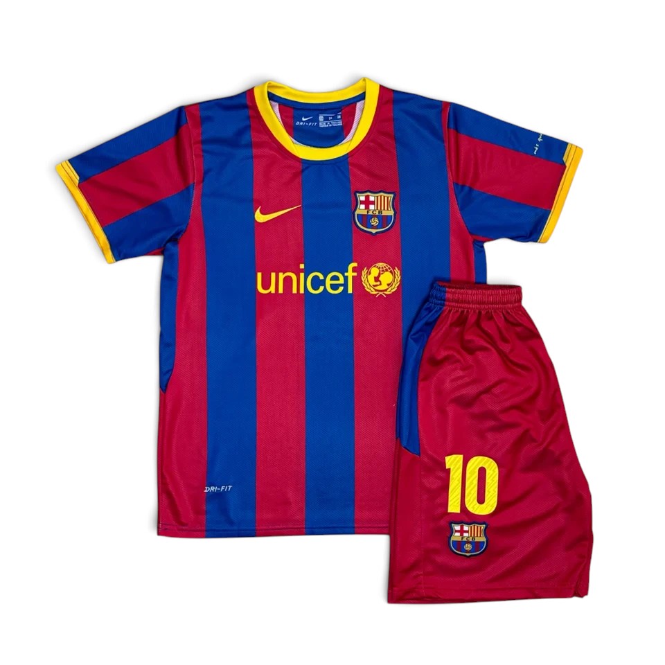 Elite Retro Kits Barcelona 2010/11 kids home kit featuring the iconic blue and red striped jersey and matching shorts.
