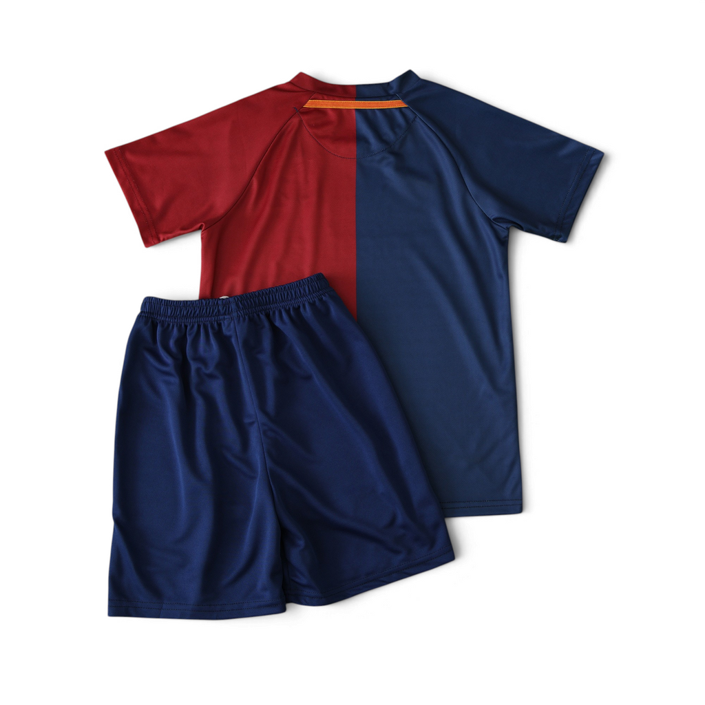 Elite Retro Kits Barcelona 2008/09 kids home kit featuring a blue and maroon half-and-half jersey and blue shorts.