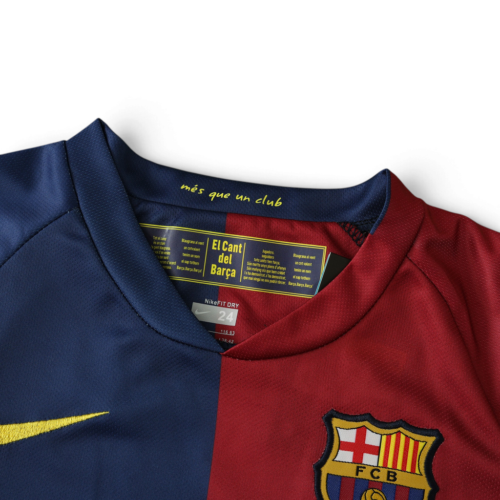 Elite Retro Kits Barcelona 2008/09 kids home shirt featuring blue and maroon panels and mes que un club neck detail