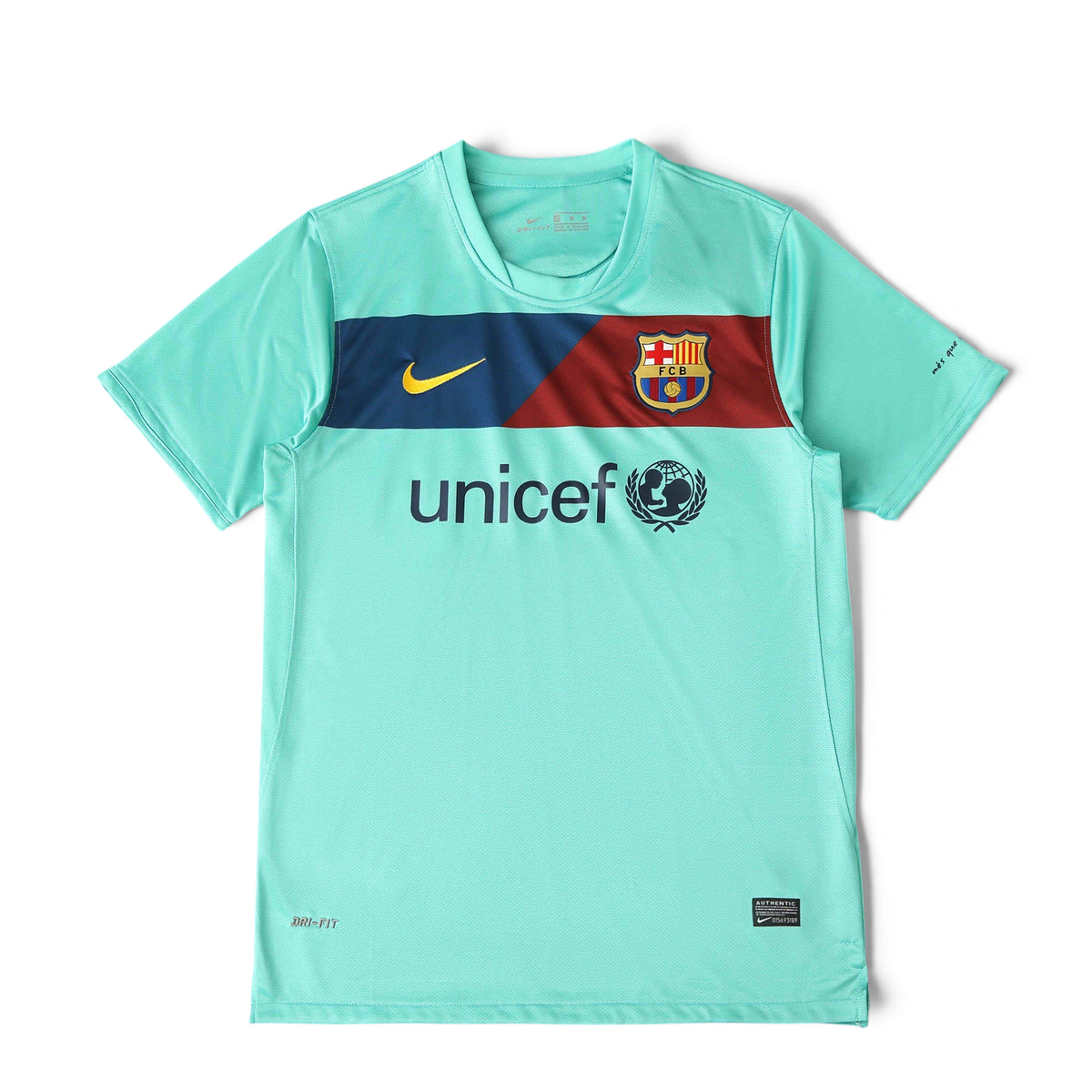 Elite Retro Kits Barcelona 2010/11 away football shirt in turquoise with blue and maroon chest band and yellow Nike logo