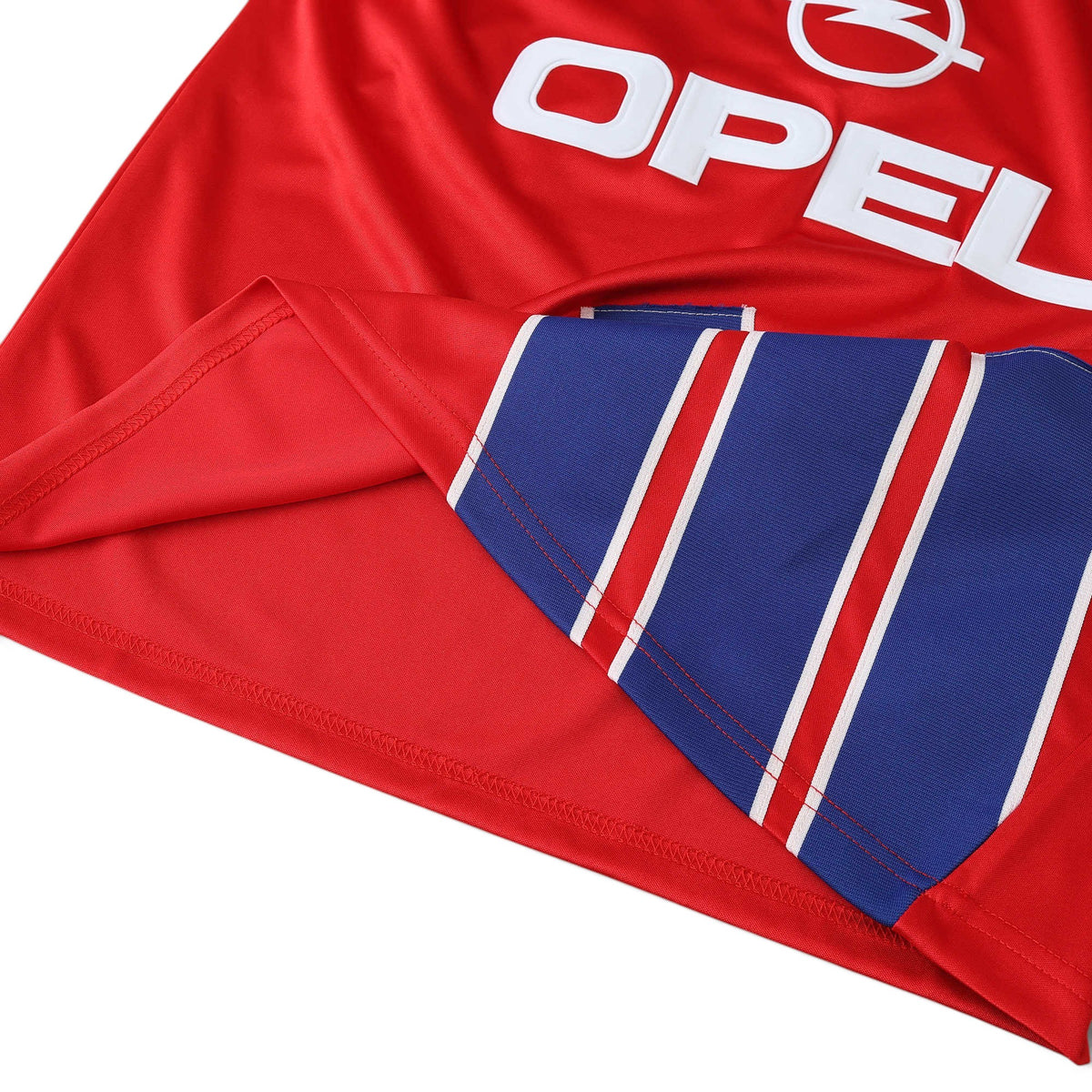 Elite Retro Kits Bayern Munich 1993/94 home shirt in deep red with blue and white striped trim and Opel sponsor logo