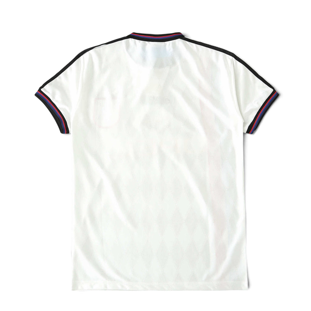 Back view of Elite Retro Kits Bayern Munich 1997/98 away football shirt in white with black, red, and blue trim.