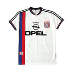Elite Retro Kits Bayern Munich 1997/98 away football shirt in white with blue and red vertical stripe detail.