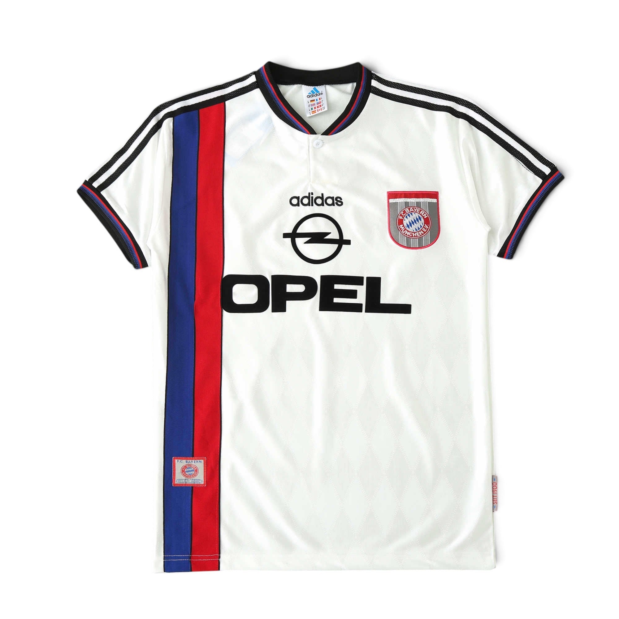 Elite Retro Kits Bayern Munich 1997/98 away football shirt in white with blue and red vertical stripe detail.