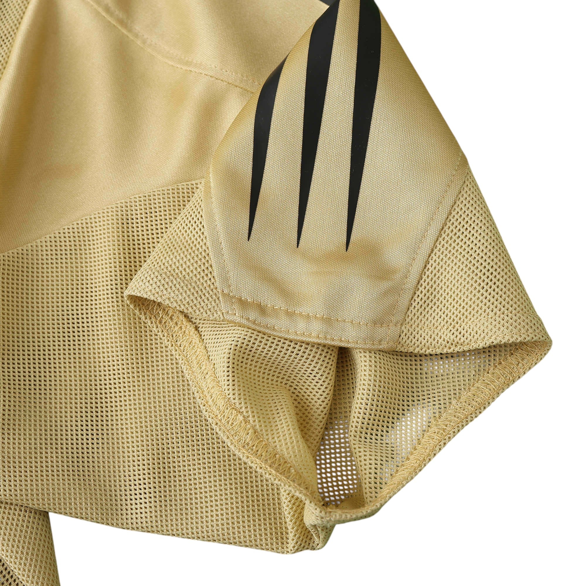 Elite Retro Kits Bayern Munich 2004/05 away shirt sleeve detail in gold mesh fabric with black three-stripe accents.