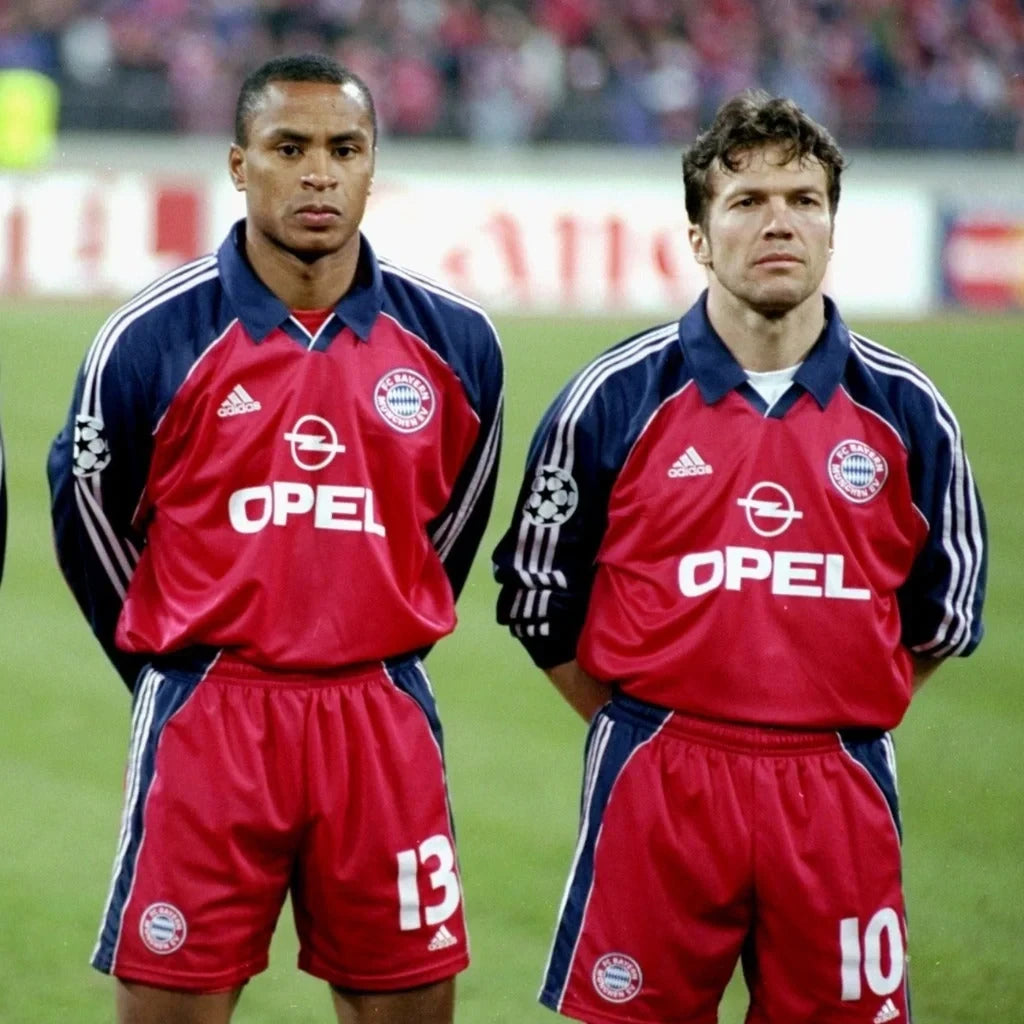 Elite Retro Kits Bayern Munich 1999-01 home shirt in deep red with navy collar and Opel sponsor logo
