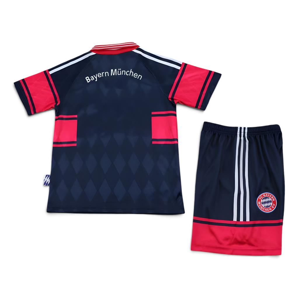 Elite Retro Kits Bayern Munich 1997/99 kids away football kit in navy blue with red accents and white stripes