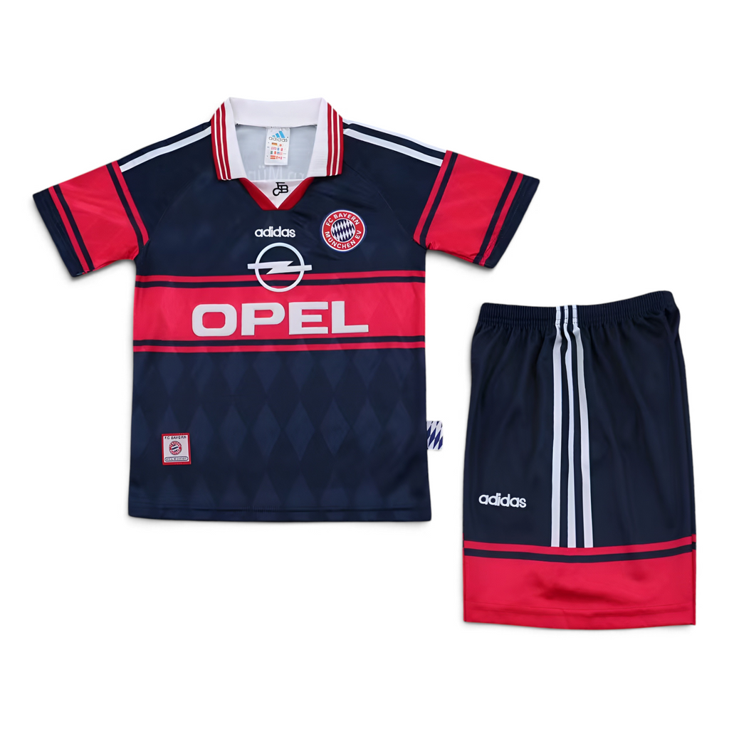 Elite Retro Kits Bayern Munich 1997-99 kids away football kit in navy blue and red with iconic Opel sponsor logo