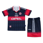 Elite Retro Kits Bayern Munich 1997-99 kids away football kit in navy blue and red with iconic Opel sponsor logo