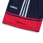 Elite Retro Kits Bayern Munich 1997/99 kids football shorts in navy blue with red trim and white adidas stripes