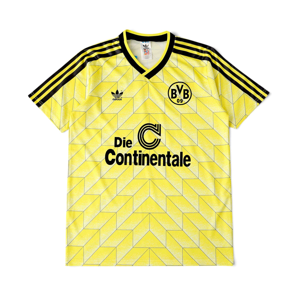 Elite Retro Kits Borussia Dortmund 1988/89 home shirt in yellow and black with geometric pattern and sponsor logo.