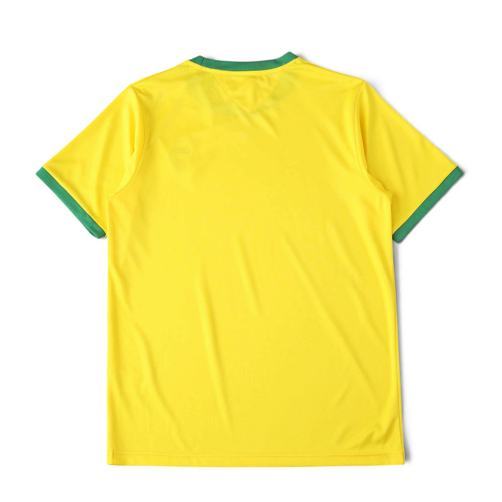 Elite Retro Kits Brazil 1970 home football shirt in yellow with green round collar and cuffs, back view