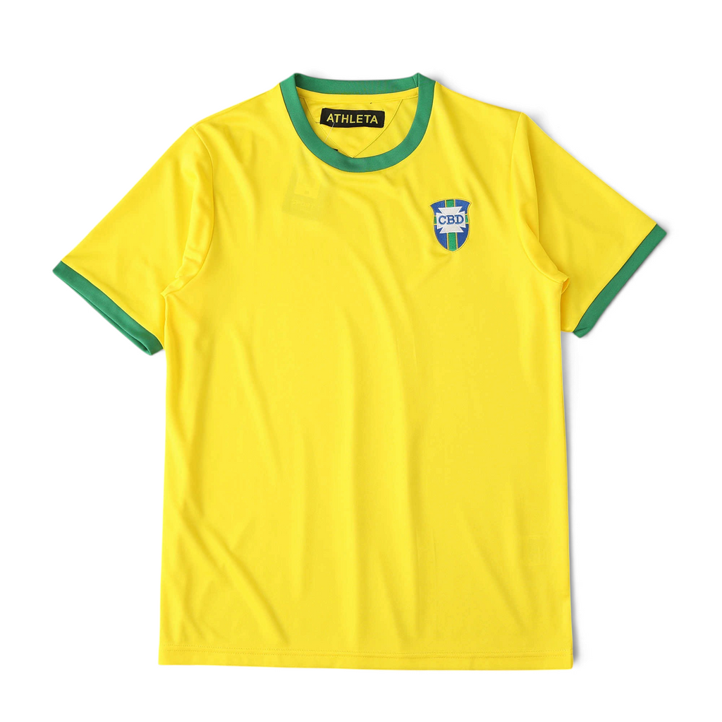 Elite Retro Kits Brazil 1970 home football shirt in yellow with green round collar and cuffs and CBD team crest