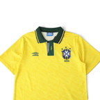Elite Retro Kits Brazil 1992 home football shirt in yellow with a green buttoned collar and subtle fabric pattern