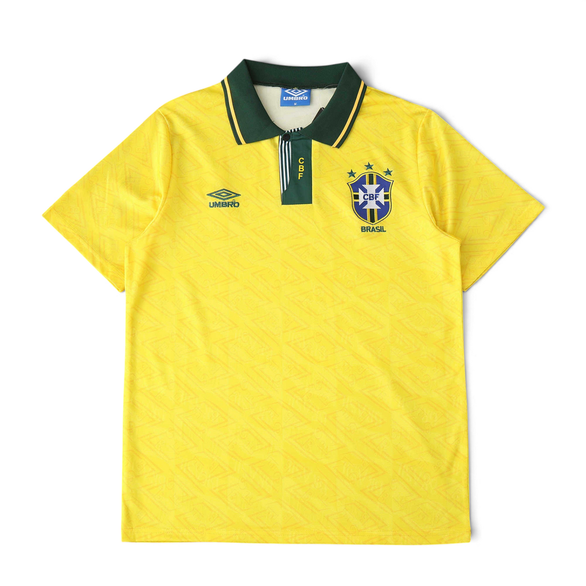 Elite Retro Kits Brazil 1992 home football shirt in yellow with a green buttoned collar and subtle fabric pattern.