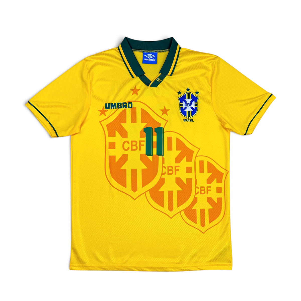 Elite Retro Kits Brazil 1994 home football shirt in iconic yellow with green trim, CBF crest, and number 11 print.
