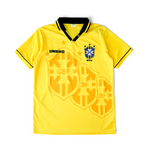 Elite Retro Kits Brazil 1994 home football shirt in yellow with green collar, Umbro logo, and CBF crest.