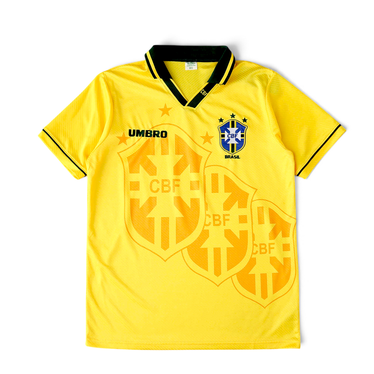 Elite Retro Kits Brazil 1994 home football shirt in yellow with green collar, Umbro logo, and CBF crest.