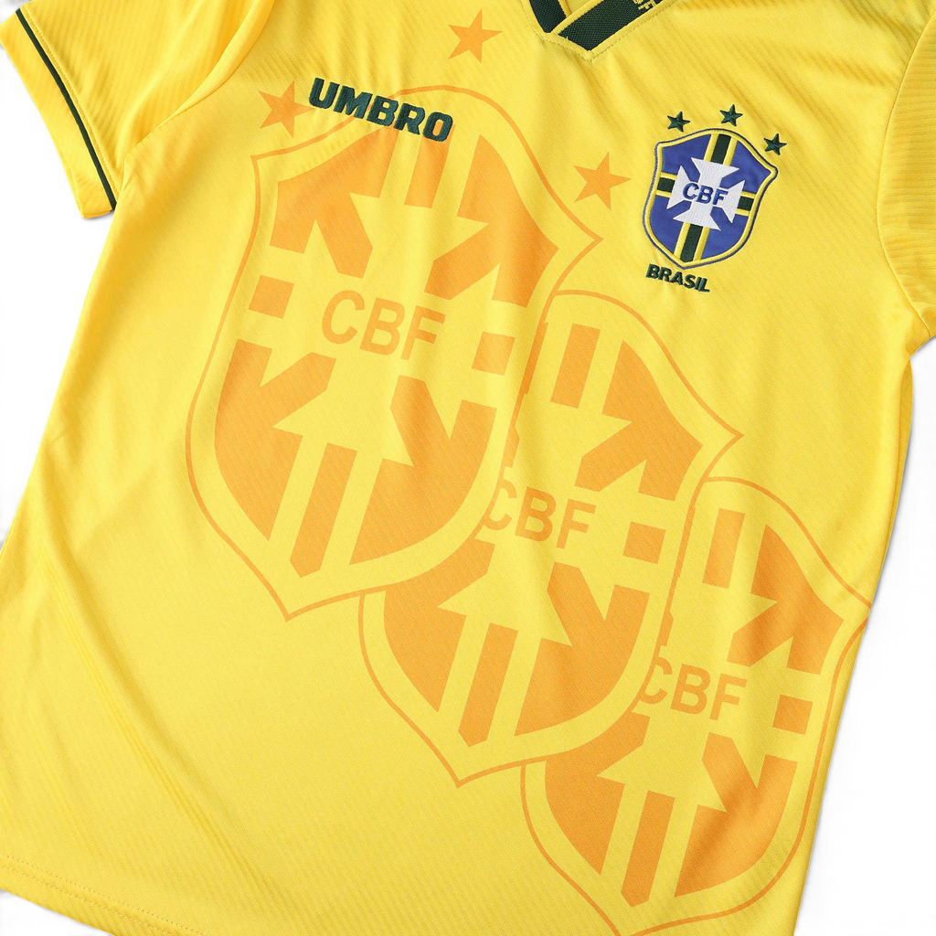 Elite Retro Kits Brazil 1994 home football shirt in yellow with green trim, Umbro logo, and CBF crest detail.